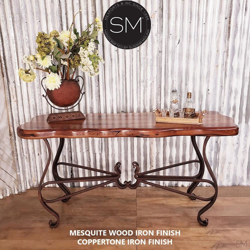 Mexports by Susana Molina 1242CM 72" Mesquite Wood Top Free Form Edge No Inlay Console Table With Iron Base