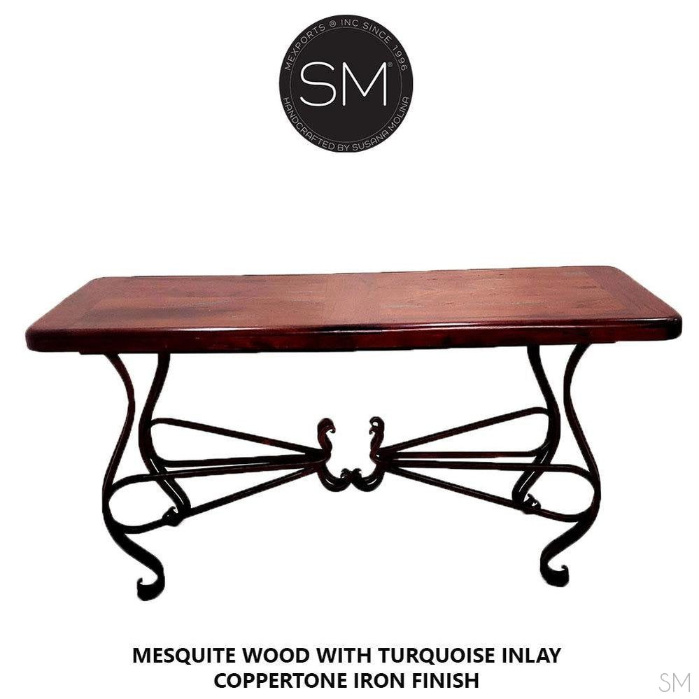 Mexports by Susana Molina 1242CM 72" Mesquite Wood Top Rounded Corners Red Coral Inlay With Nailheads on Edge Console Table With Iron Base