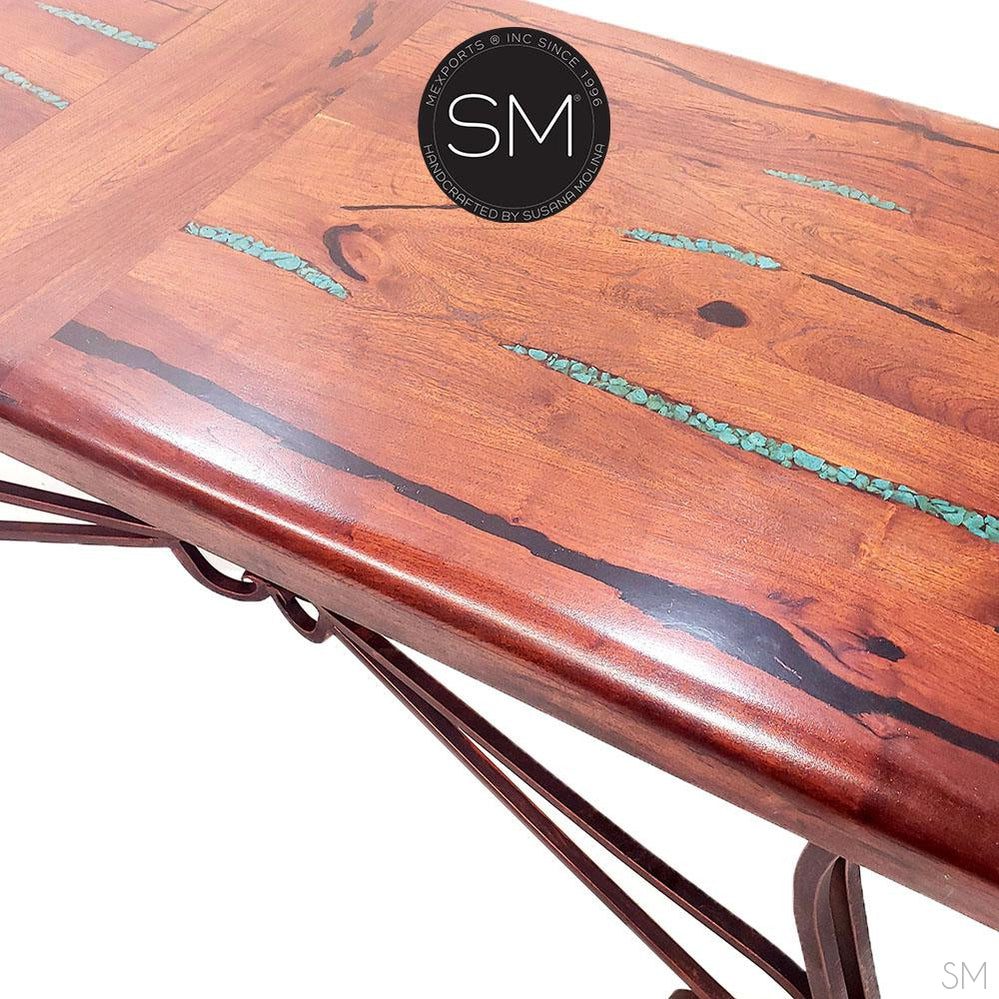 Mexports by Susana Molina 1242CM 72" Mesquite Wood Top Rounded Corners Turquoise Inlay Console Table With Iron Base