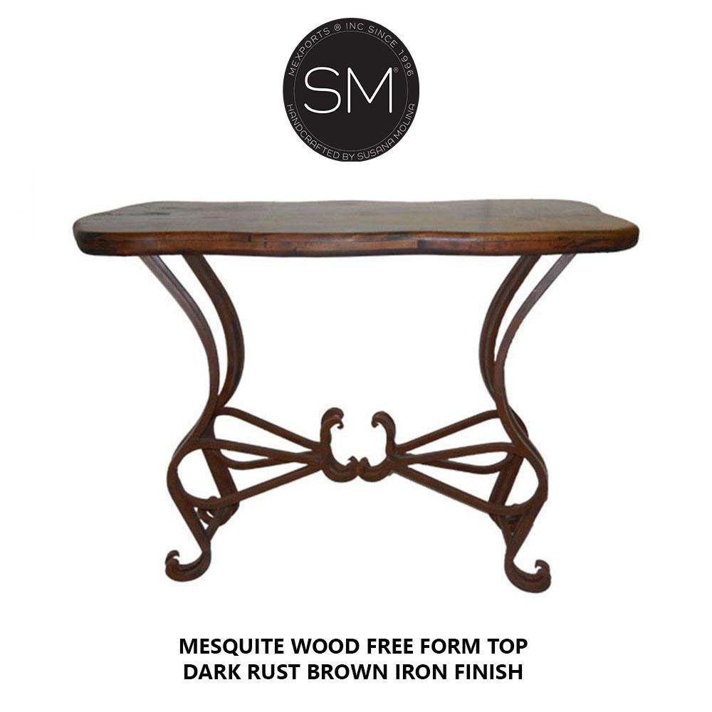 Mexports by Susana Molina 1242FM 52" Mesquite Wood Top Free Form Edge Red Coral Inlay Rectangular Console Table