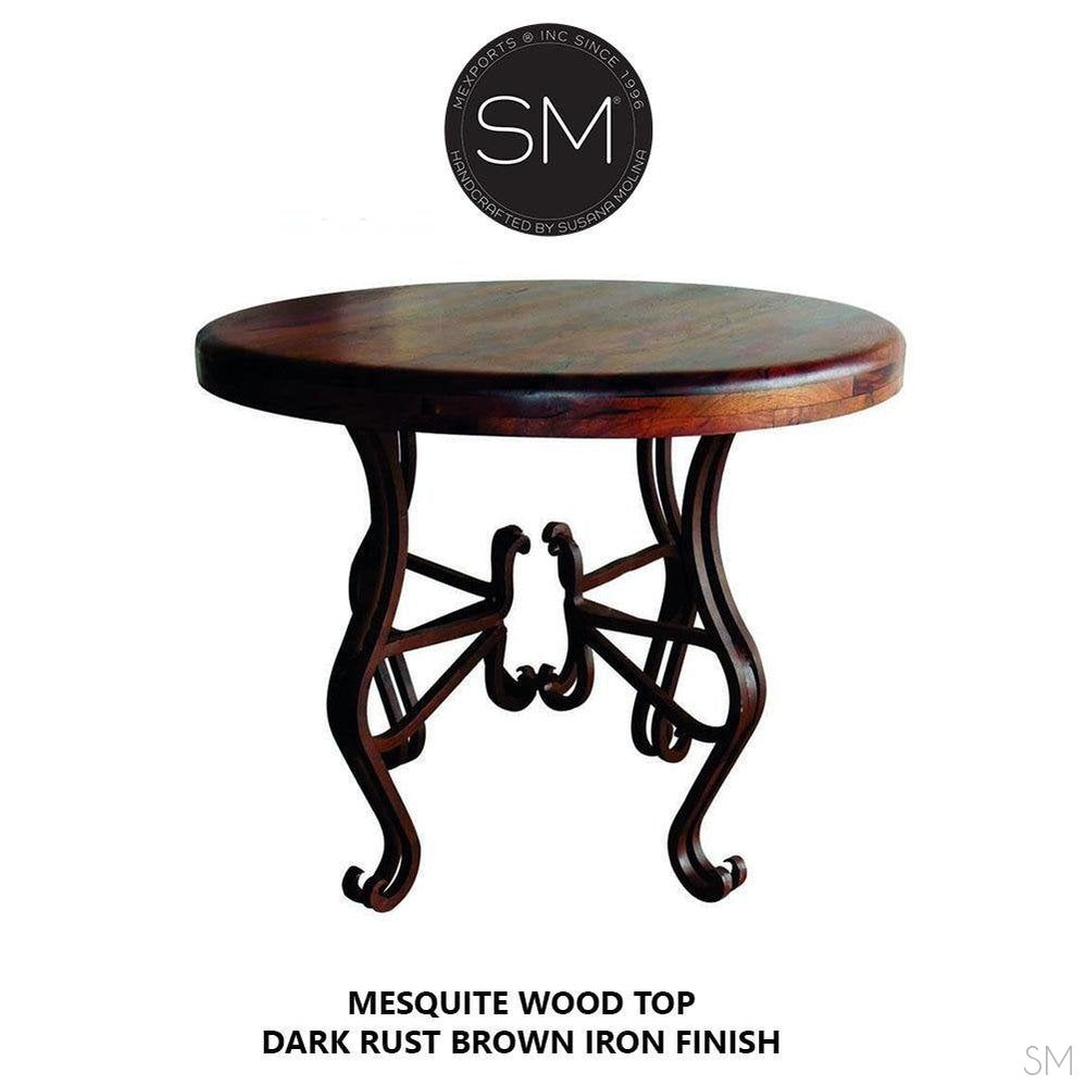 Mexports by Susana Molina 1242LM 31" Mesquite Wood Top Hammer Copper Inlay With Nailheads on Edge Round Side Table
