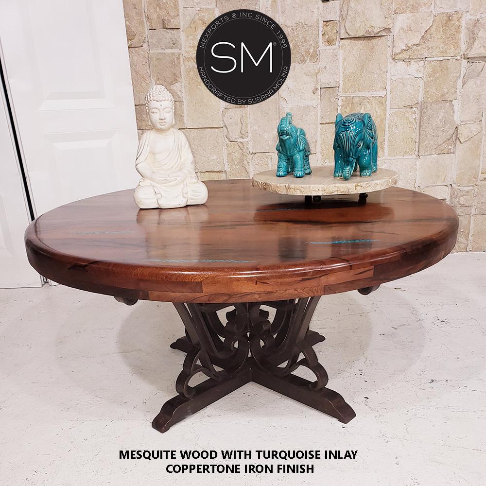Mexports by Susana Molina 1243AAAM 48" Mesquite Solid Wood Top Red Coral Inlay With Nailheads on Edge Round Coffee Table
