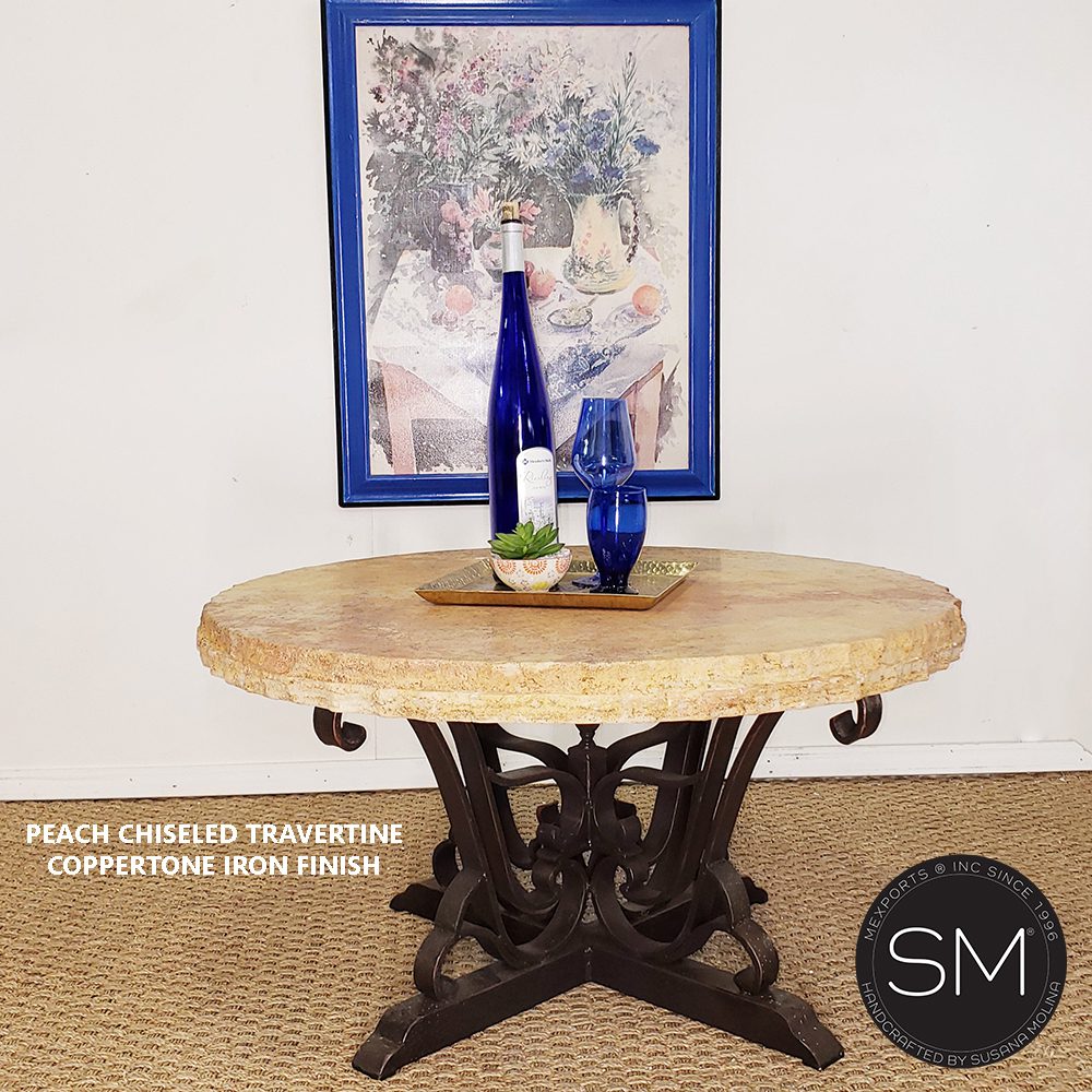 Mexports by Susana Molina 1243AAAT 38" Peach Travertine Stone Chisel Edge Round Coffee Table