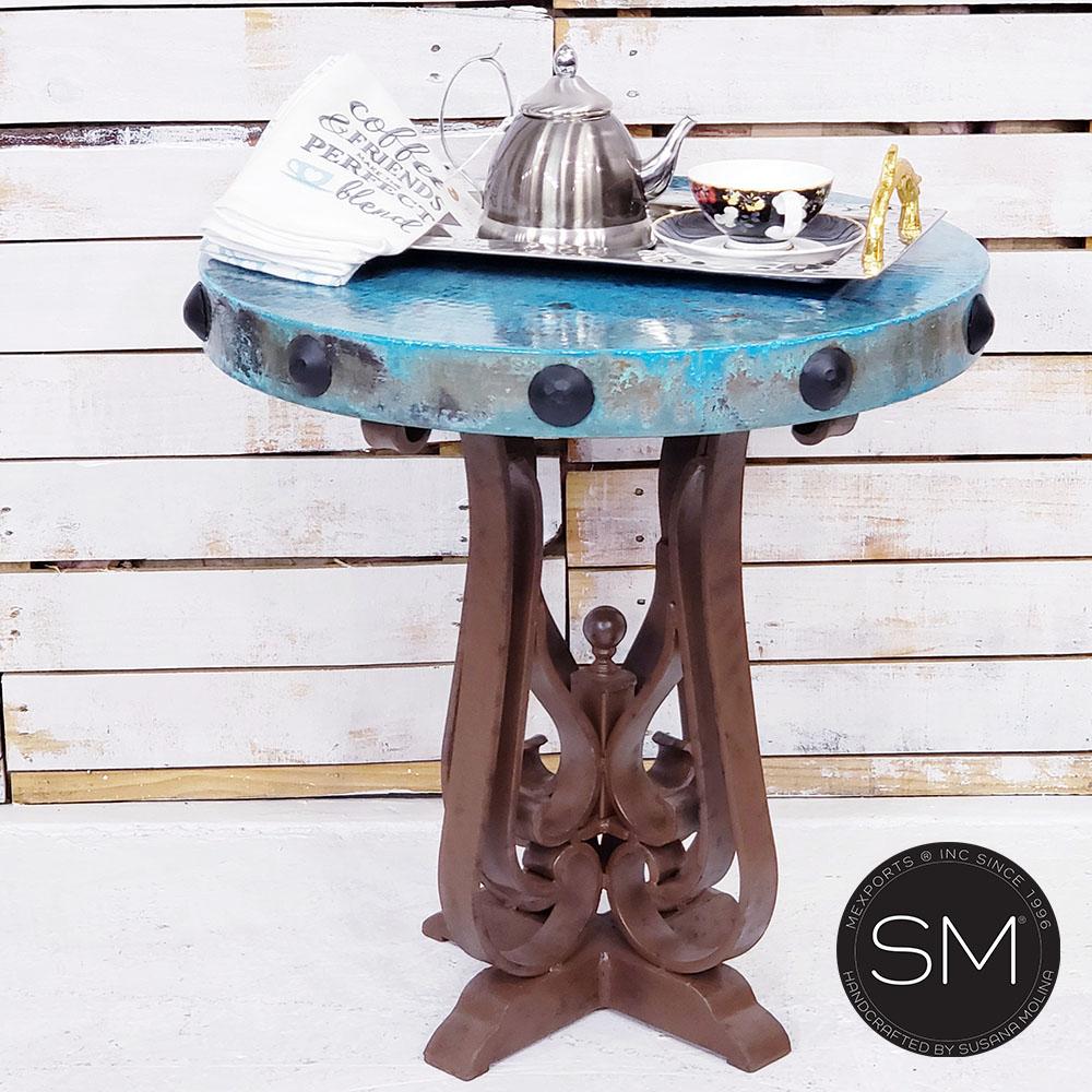 Mexports by Susana Molina 1243BBC 24" Oxidized Hammered Copper Top With Nailheads on Edge Round Side Table
