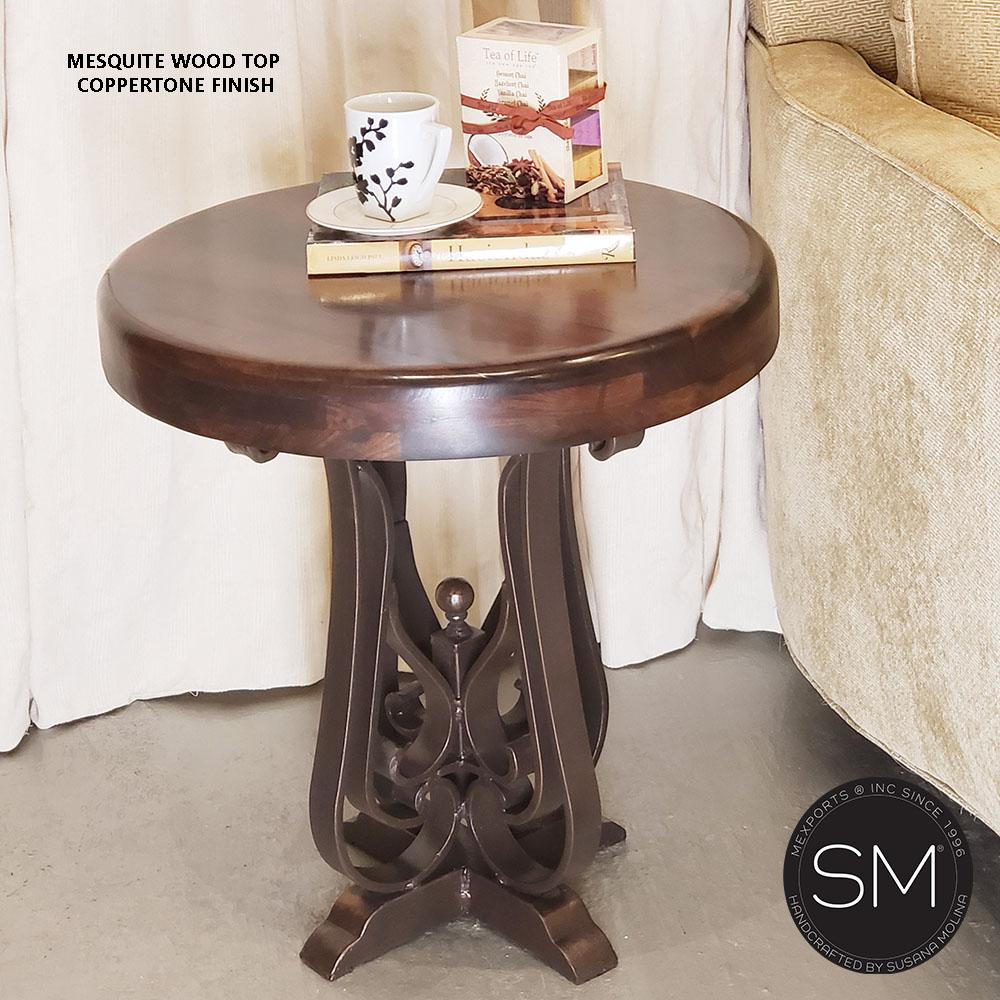 Mexports by Susana Molina 1243BBM 24" Mesquite Wood Top Turquoise Inlay With Nailheads on Edge Round Side Table With Iron Base