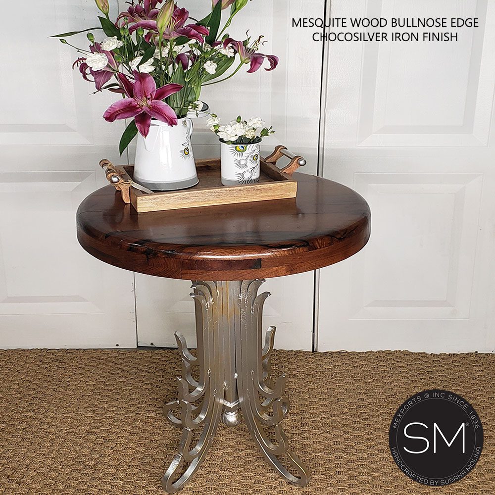 Mexports by Susana Molina 1245BBM 24" Mesquite Wood Hammer Copper Inlay Round Side Table