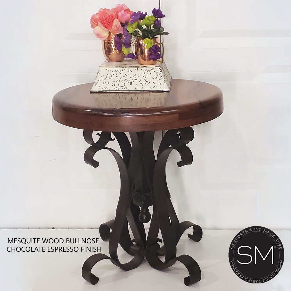 Mexports by Susana Molina 1246BBM 24" Mesquite Wood Top Hammer Copper Inlay Round Side Table