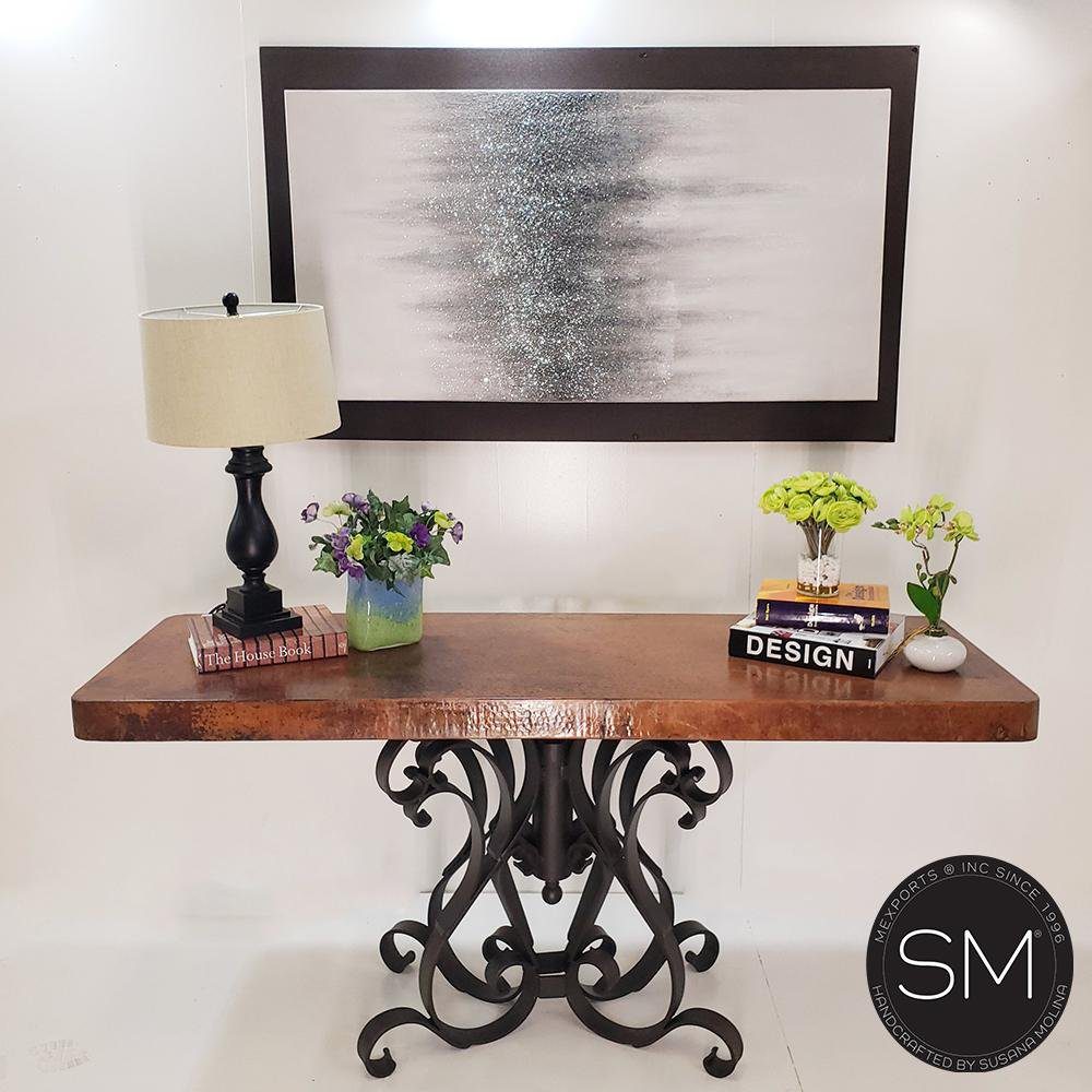 Mexports by Susana Molina 1246CC 72" Natural Hammered Copper Rectangular Console Table With Single Iron Pedestal