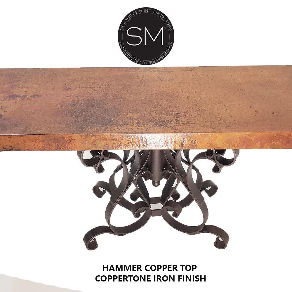 Mexports by Susana Molina 1246CC 72" Natural Hammered Copper Rectangular Console Table With Single Iron Pedestal
