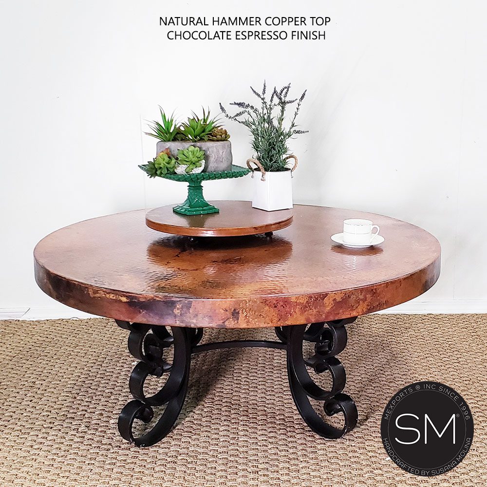 Mexports by Susana Molina 1247AAAC 48" Natural Hammered Copper Top With Nailheads on Edge Modern Round Coffee Table With Wrought Iron Base