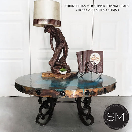 Mexports by Susana Molina 1247AAAC 48" Oxidized Hammered Copper Top With Nailheads on Edge Modern Round Coffee Table With Wrought Iron Base