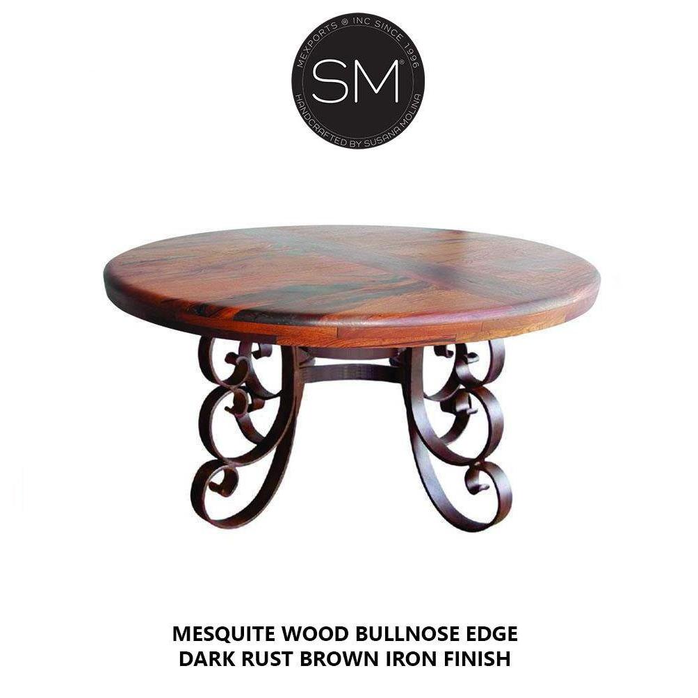 Mexports by Susana Molina 1247DM 48" Mesquite Wood Top Gold Citrine Inlay Round Dining Table With Hand-Forged Iron Base