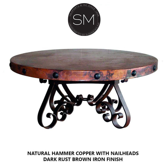 Mexports by Susana Molina 1251AAAC 38" Natural Hammered Copper Top With Nailheads on Edge Luxury Round Coffee Table With Wrought Iron Base