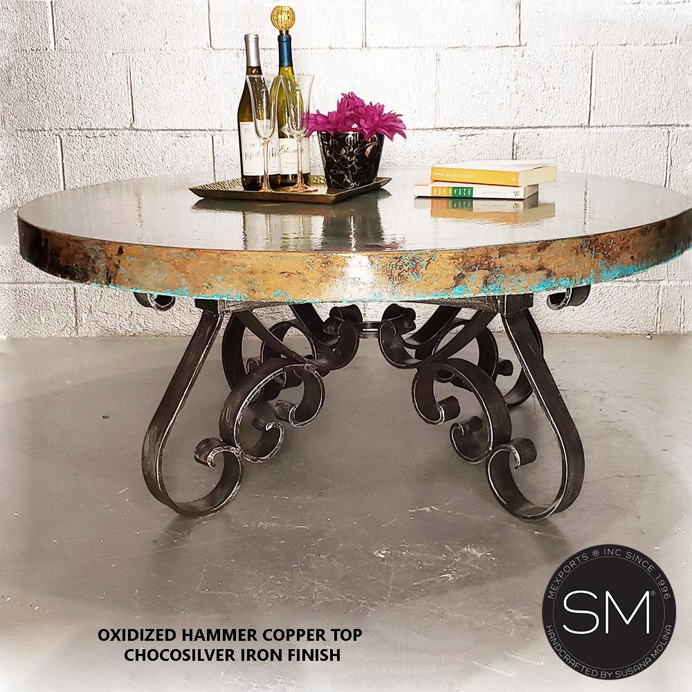 Mexports by Susana Molina 1251AAAC 38" Oxidized Hammered Copper Top Luxury Round Coffee Table With Wrought Iron Base