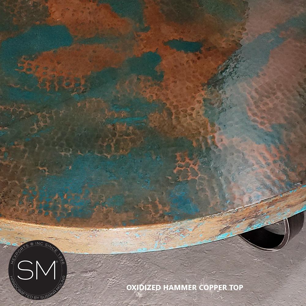 Mexports by Susana Molina 1251AAAC 38" Oxidized Hammered Copper Top With Nailheads on Edge Luxury Round Coffee Table With Wrought Iron Base