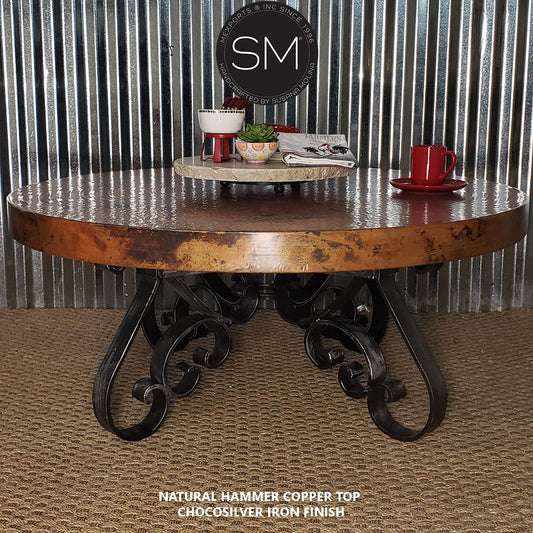 Mexports by Susana Molina 1251AAAC 48" Natural Hammered Copper Top Luxury Round Coffee Table With Wrought Iron Base