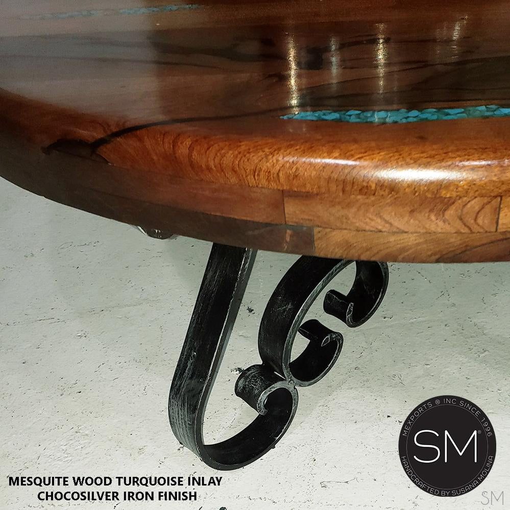 Mexports by Susana Molina 1251AAAM 38" Mesquite Wood Top Turquoise Inlay Round Coffee Table