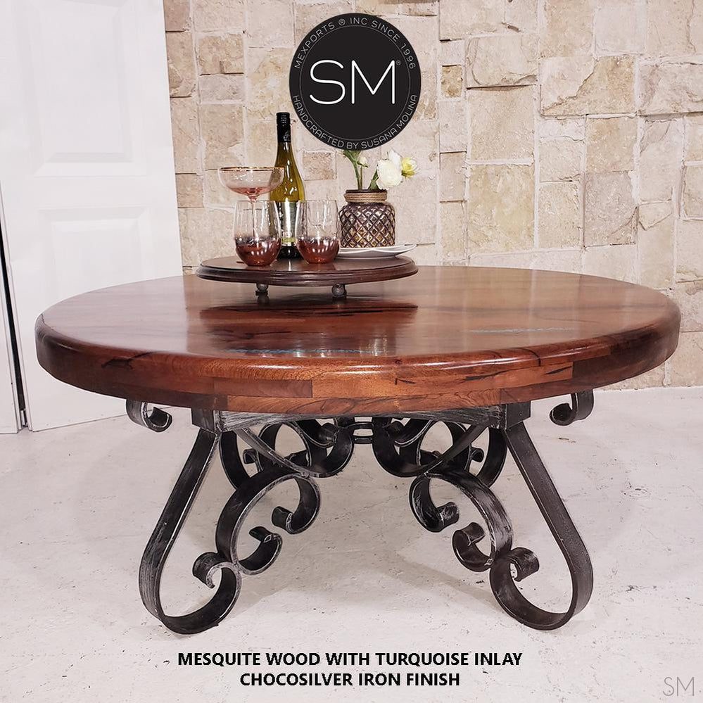 Mexports by Susana Molina 1251AAAM 48" Mesquite Wood Top Hammer Copper Inlay Round Coffee Table