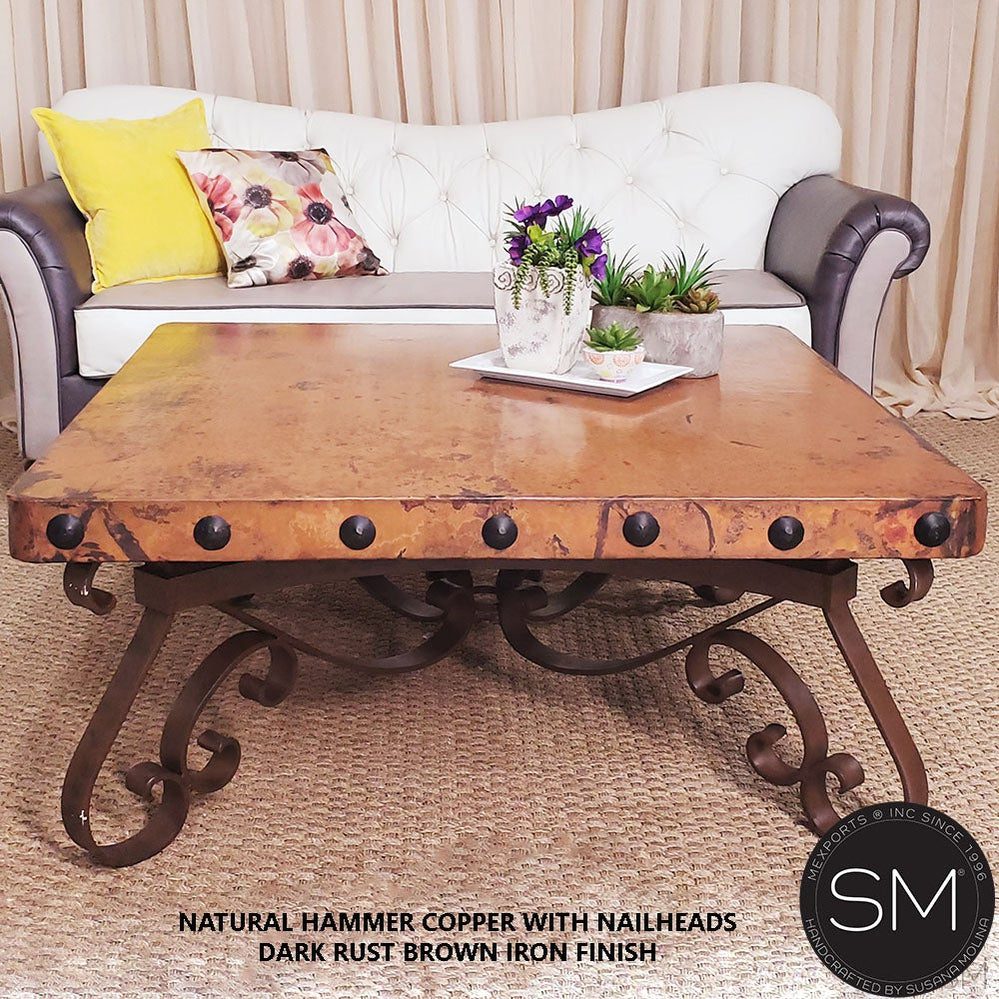 Mexports by Susana Molina 1251AC 48" Natural Hammered Copper Top With Nailheads on Edge Square Coffee Table