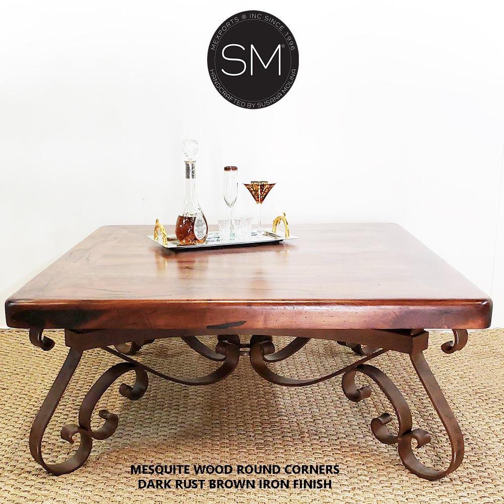 Mexports by Susana Molina 1251AM 48" Mesquite Wood Top Rounded Corners Gold Citrine Inlay With Nailheads on Edge Square Coffee Table