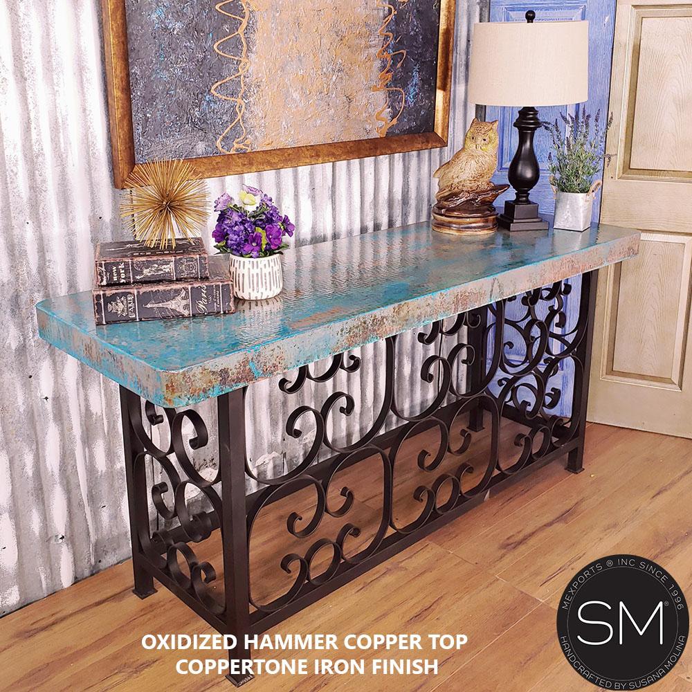 Mexports by Susana Molina 1252CC 72" Oxidized Hammered Copper Top Console Table With Wrought Iron Base