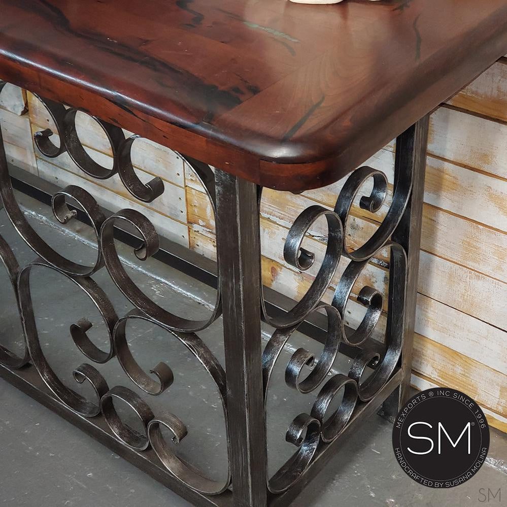 Mexports by Susana Molina 1252CM 72" Mesquite Wood Top Rounded Corners Hammer Copper Inlay Rectangular Console Table