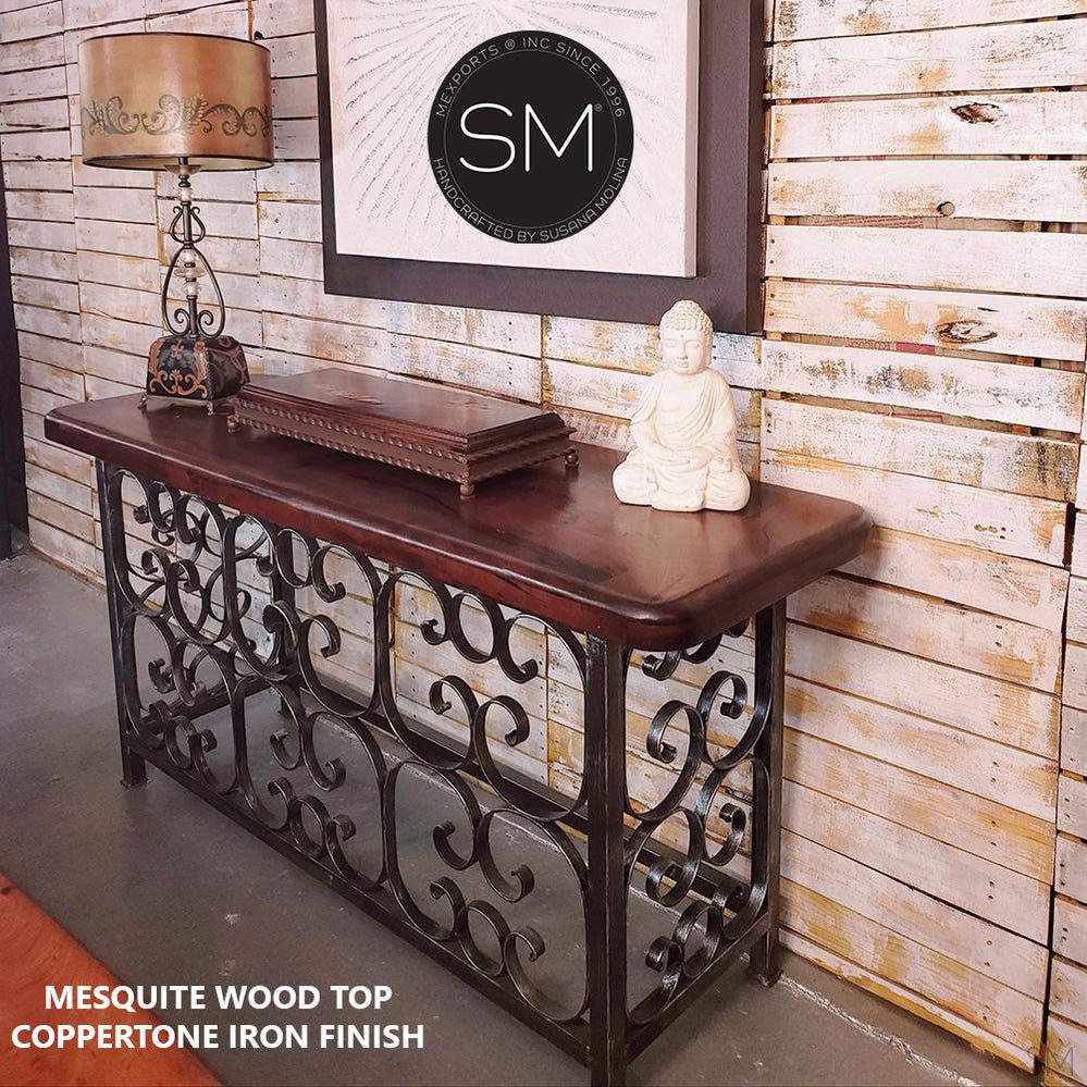 Mexports by Susana Molina 1252CM 72" Mesquite Wood Top Rounded Corners No Inlay With Nailheads on Edge Rectangular Console Table
