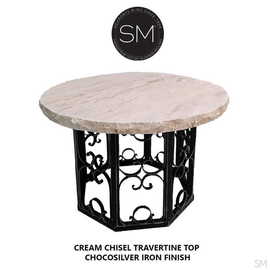 Mexports by Susana Molina 1252DT 48" Cream Travertine Chisel Edge Round Dining Table With Wrought Iron Base