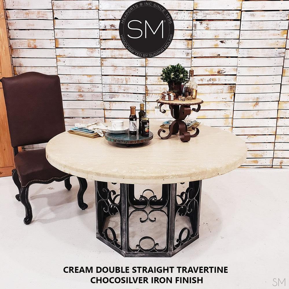 Mexports by Susana Molina 1252DT 54" Cream Travertine Bullnose Edge Round Dining Table With Wrought Iron Base