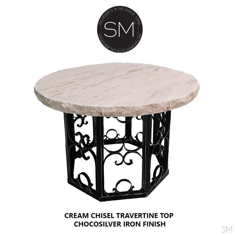 Mexports by Susana Molina 1252DT 54" Cream Travertine Chisel Edge Round Dining Table With Wrought Iron Base