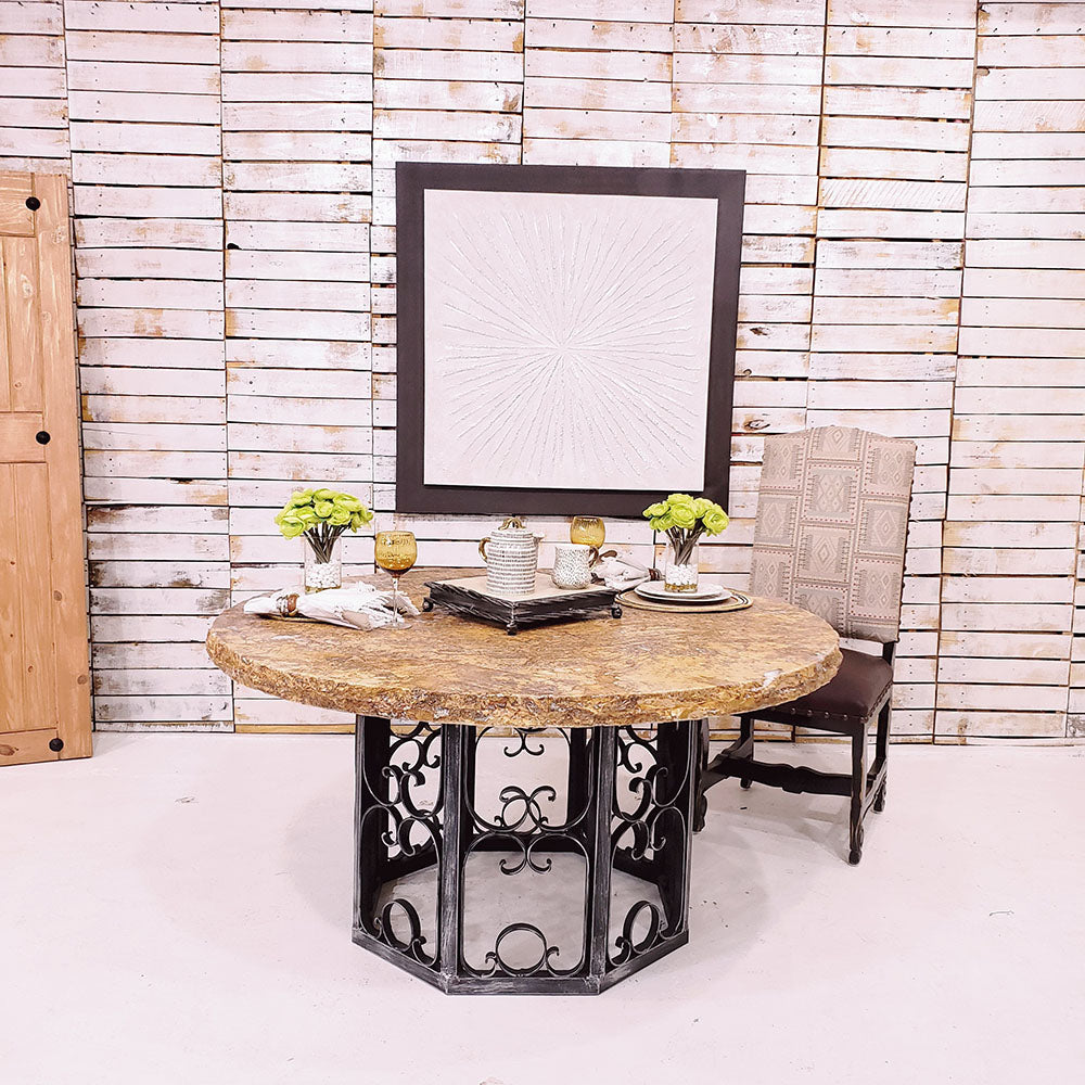 Mexports by Susana Molina 1252DT 60" Peach Travertine Chisel Edge Round Dining Table With Wrought Iron Base