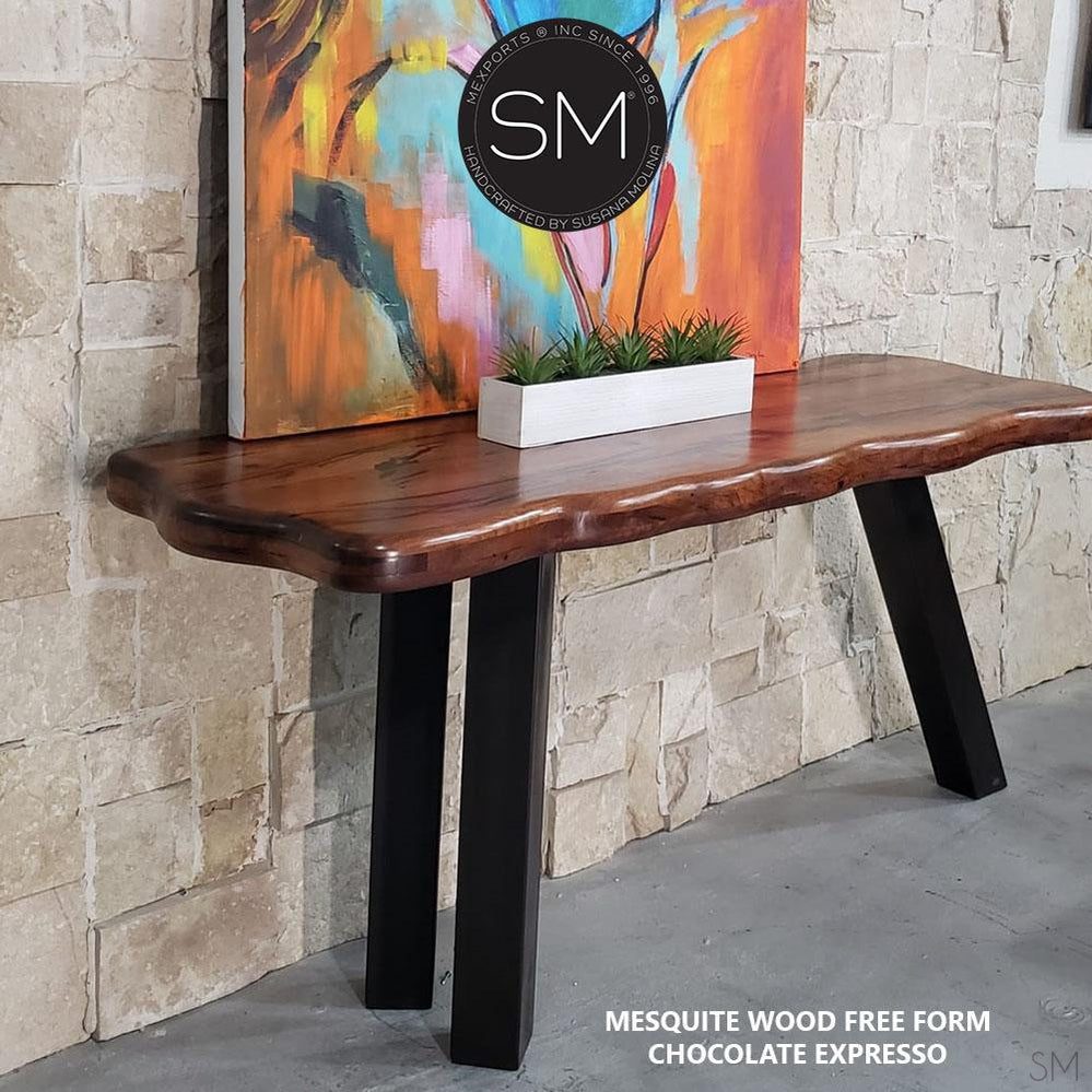 Mexports by Susana Molina 1254CM 72" Mesquite Wood Top Rounded Corners Turquoise Inlay Console Table With 3-Leg Base