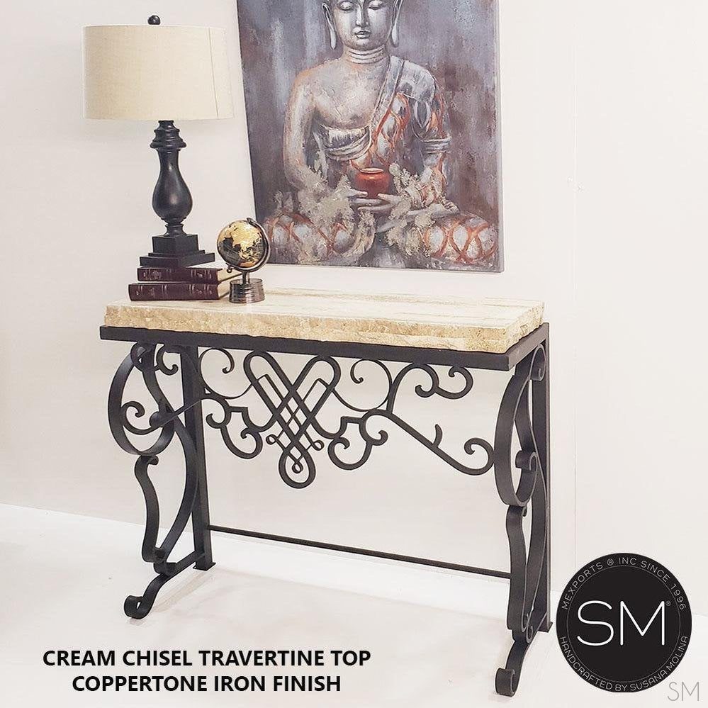 Mexports by Susana Molina 1255FT 44" Cream Travertine Stone Chiseled Edge Rectangular Console Table
