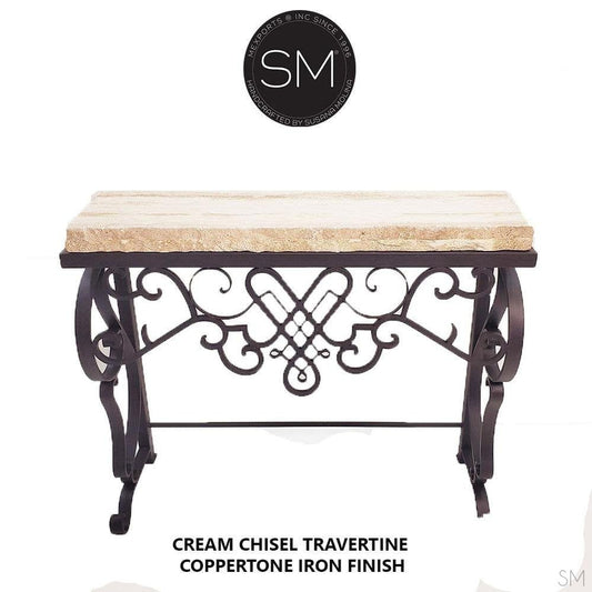 Mexports by Susana Molina 1255FT 44" Cream Travertine Stone Chiseled Edge Rectangular Console Table