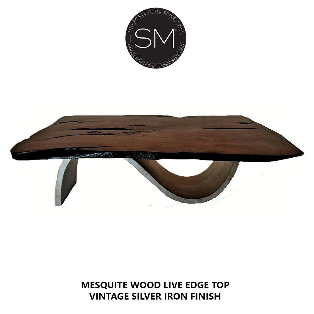 Mexports by Susana Molina 1257AAM 60" Mesquite Wood Top Live Edge Hammer Copper Inlay Rectangular Coffee Table