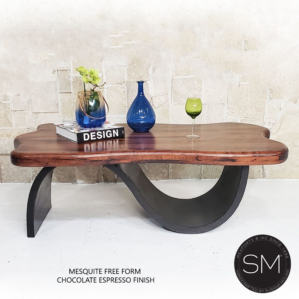 Mexports by Susana Molina 1257AAM 72" Mesquite Wood Top Free Form Edge Turquoise Inlay Rectangular Coffee Table
