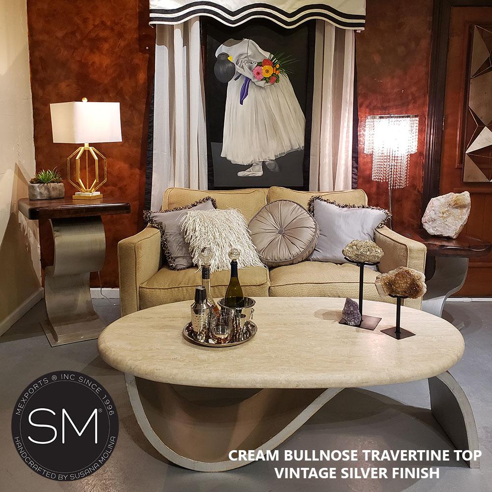 Mexports by Susana Molina 1257AAOT 60" Cream Travertine Top Bullnose Edge Rustic Oval Coffee Table