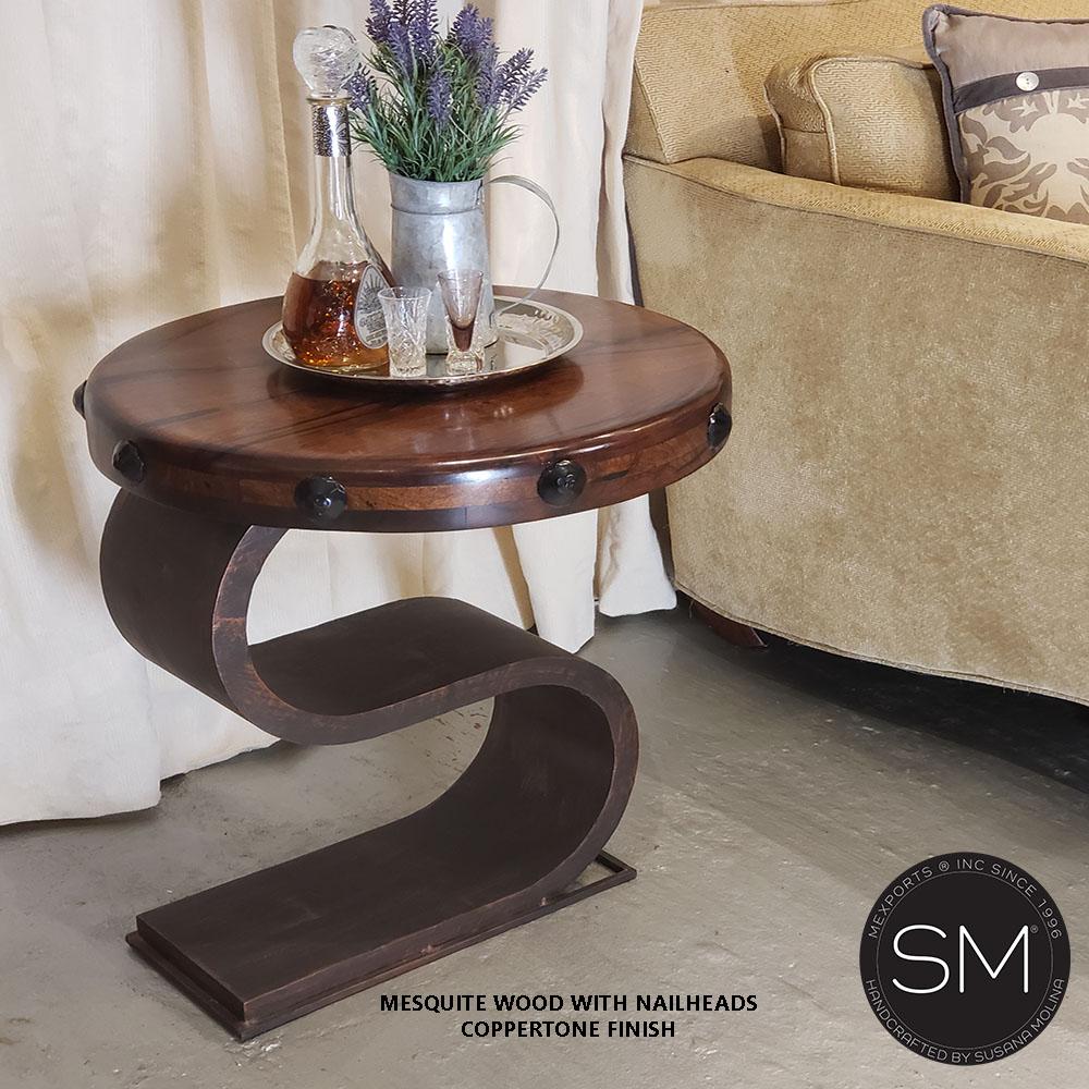 Mexports by Susana Molina 1257BBM 24" Mesquite Wood No Inlay With Nailheads on Edge Round Side Table