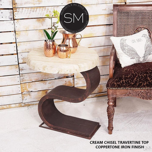 Mexports by Susana Molina 1257BBT 24" Cream Travertine Stone Chisel Edge Round Side Table With S-Shaped Base