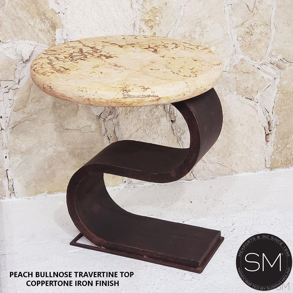 Mexports by Susana Molina 1257BBT 24" Peach Travertine Stone Bullnose Edge Round Side Table With S-Shaped Base