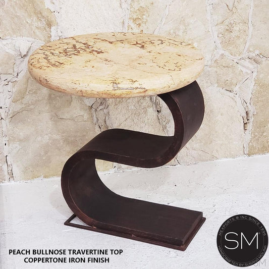 Mexports by Susana Molina 1257BBT 24" Peach Travertine Stone Bullnose Edge Round Side Table With S-Shaped Base