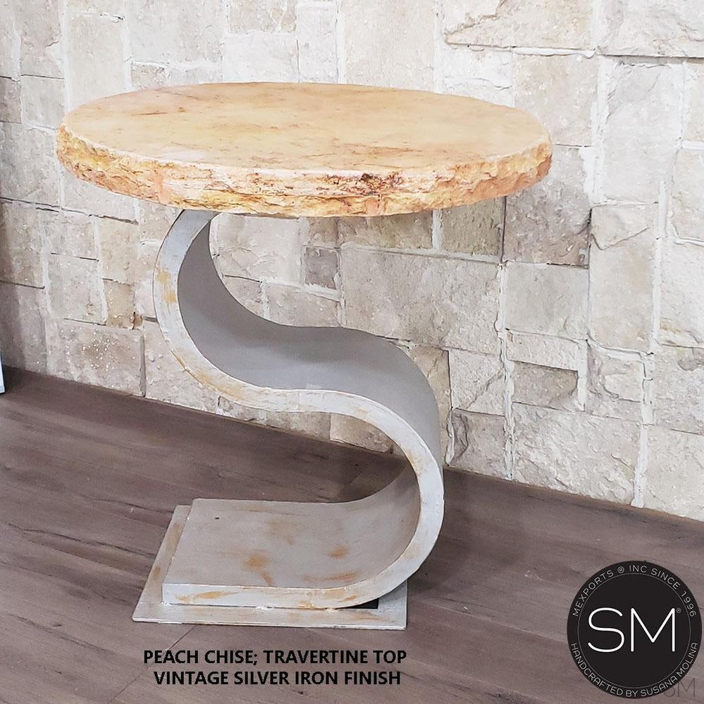 Mexports by Susana Molina 1257BBT 24" Peach Travertine Stone Chisel Edge Round Side Table With S-Shaped Base
