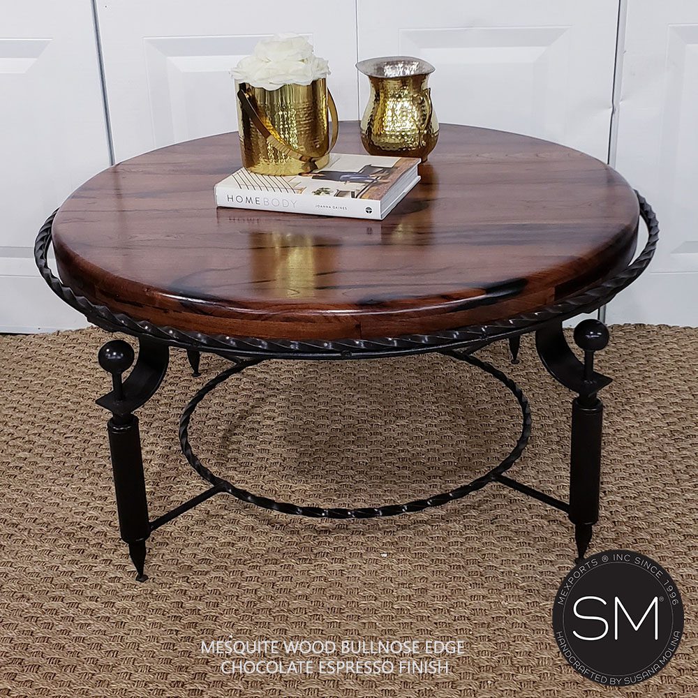 Mexports by Susana Molina 1265AAAM 48" Mesquite Wood Top Hammer Copper Inlay Round Coffee Table