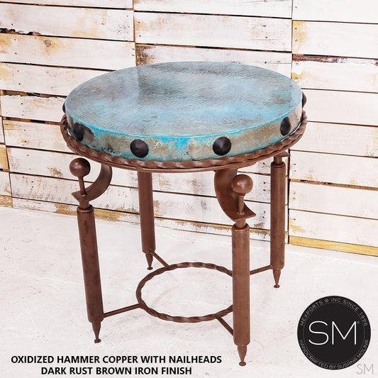 Mexports by Susana Molina 1265BBC 24" Oxidized Hammered Copper With Nailheads on Edge Round Side Table