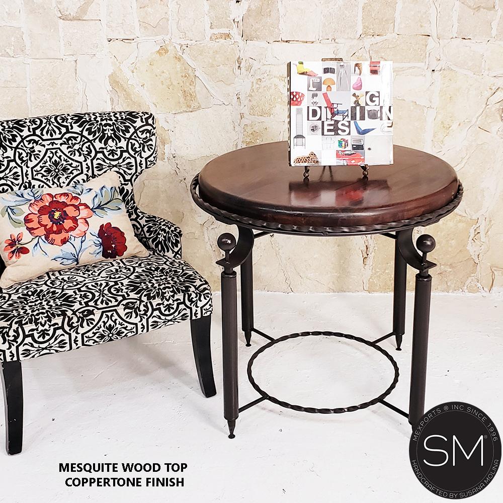 Mexports by Susana Molina 1265LM 31" Mesquite Wood Top No Inlay With Nailheads on Edge Round Side Table