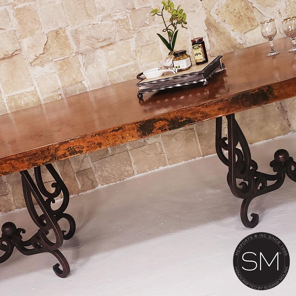 Mexports by Susana Molina 132" Natural Hammer Copper Modern Dining Table With Double Iron Pedestal