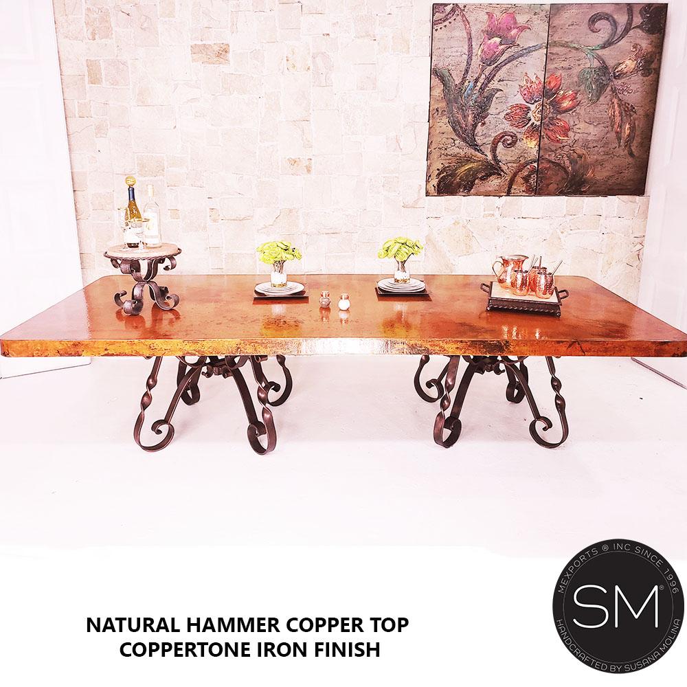 Mexports by Susana Molina 132" Natural Hammer Copper Top and Wrought Iron Double Pedestal Vintage Rectangular Dining Table