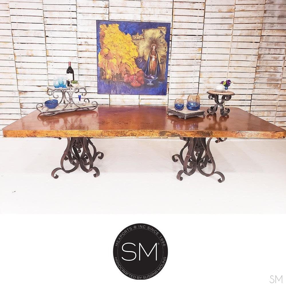 Mexports by Susana Molina 132" Natural Hammered Copper Rectangular Dining Table With Double Pedestal Wrought Iron