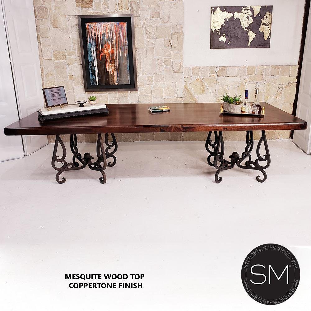 Mexports by Susana Molina 132" x 48" Mesquite Wood Top Free Form Edge Double Pedestal Rectangular Dining Table