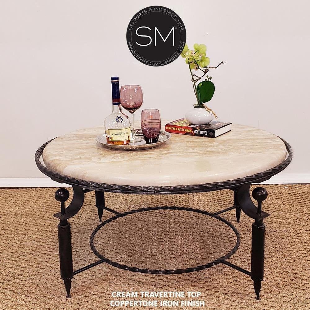 Mexports by Susana Molina 38" Cream Travertine Stone Bullnose Edge Contemporary Round Coffee Table